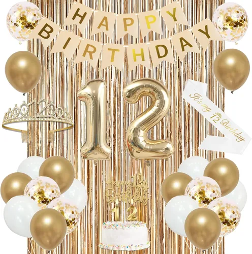Vista 33 de Trgowaul Decoraciones de 9º cumpleaños para niñas, pancarta, banda y corona, decoración de pastel, globo de número 9, cortinas de flecos