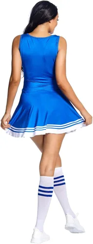 Vista 4 de Disfraz de animadora para mujer, disfraz de Halloween con pompones de animadora y calcetines altos a la rodilla, uniforme