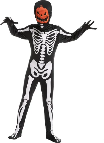 Vista 2 de Spooktacular Creations Disfraz de esqueleto de Halloween con cabeza de calabaza para niños, la máscara de calabaza para juegos de rol