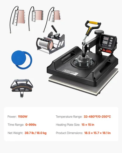 Vista 8 de VEVOR Máquina de prensa de calor 8 en 1 de 15 x 15 pulgadas, prensa de camisetas oscilante de 360°, transferencia de calor digital profesional por