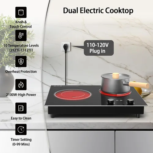 Vista 3 de VBGK Cocina eléctrica, 2100 W empotrada y encimera, 2 quemadores, estufa eléctrica con 10 niveles de calefacción, temporizador y bloqueo