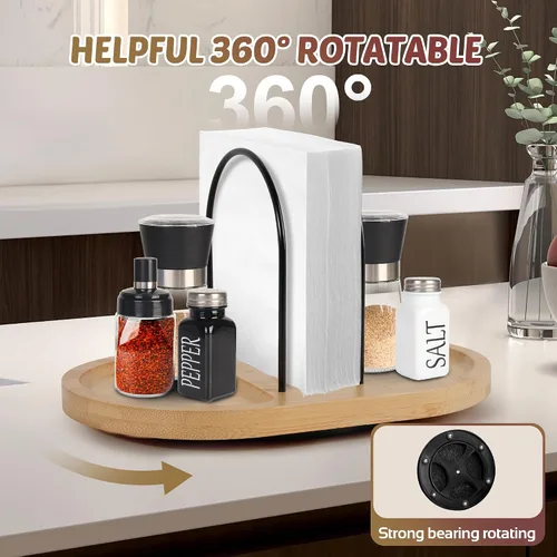Vista 2 de Servilletero para mesa, dispensador giratorio con salero y pimentero, soporte de bambú, almacenamiento rústico de servilletas de metal para mesa