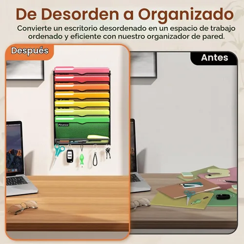 Vista 5 de Organizador de archivos de pared de 8 niveles con gancho Negro
