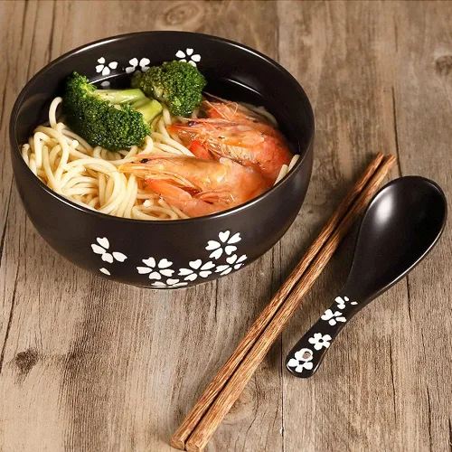 Vista 3 de WHJY Cuenco de cerámica negro con tapa, cuchara, palillos para sopa, arroz, fideos. Vajilla de estilo tradicional japonés.