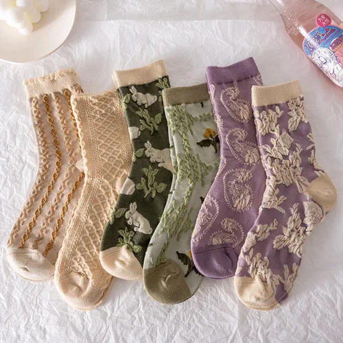 Vista 6 de Juego de 6 pares de calcetines de algodón transpirables de punto floral para mujeres y niñas