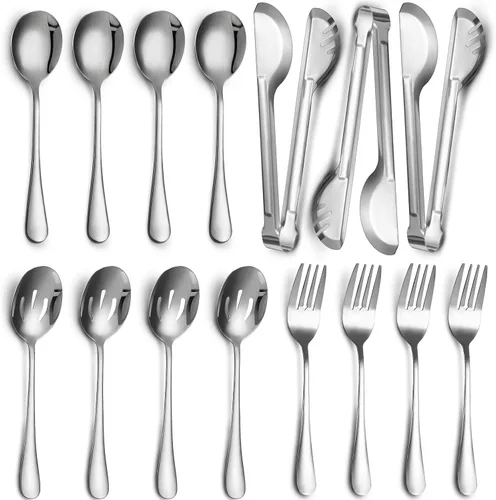 Vista 11 de Patelai Juego de 8 utensilios de acero inoxidable negro para servir, cucharas grandes de 8.7 pulgadas y cuchara ranurada, tenedores de 9.45