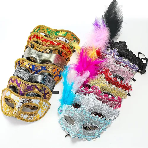 Vista 4 de 16 máscaras de Mardi Gras con plumas, unisex, medias mascaradas, máscaras venecianas para mujeres, hombres, niños, Mardi Gras, carnaval, fiesta