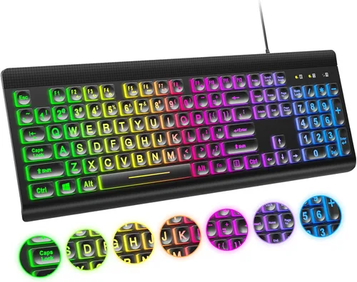 Vista 28 de Atelus Teclado USB con cable con retroiluminación de 7 colores, teclado de tamaño completo con teclas retro, teclado numérico y tecla de acceso