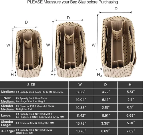 Vista 3 de Organizador de bolso organizador de fieltro con cremallera e inserto inferior cosido ajuste Speedy Neverfull Gracefull bolso 6 tamaños M lunares