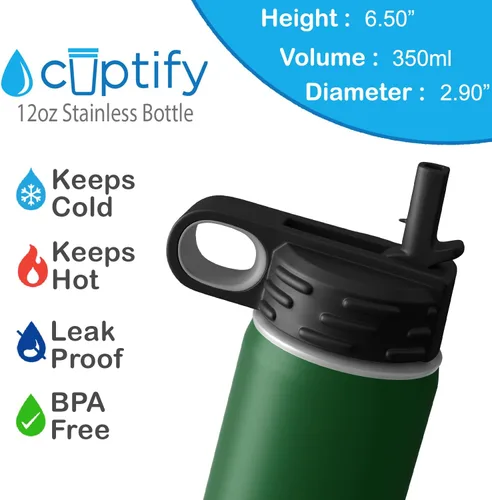 Vista 5 de Botella de agua para niños personalizada con nombre en botella de agua aislada con anillo verde mate de 12 onzas