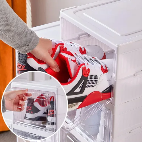 Vista 8 de GUDEMAY Caja de almacenamiento de zapatos con tapa frontal, sin montaje, apilable, organizador de zapatos con puerta transparente, estante