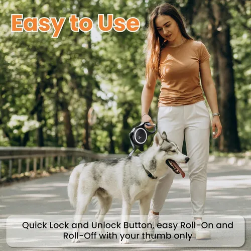 Vista 5 de Correa retráctil para perro, extensible hasta 16 pies, cinta de nailon resistente, sin enredos, freno y bloqueo con una sola mano, para perros
