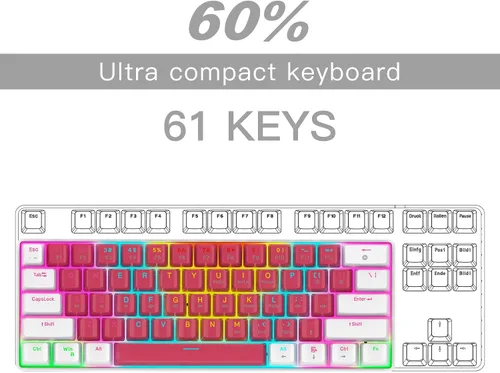 Vista 2 de Teclado portátil 60% mecánico para juegos, compacto de 61 teclas Mini USB-C Teclado de computadora Interruptor rojo para PC con Windows Laptop