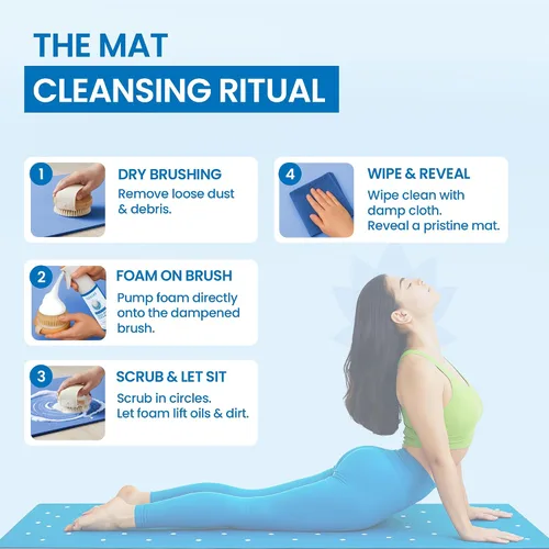 Vista 4 de Flexies Kit de limpieza de esterilla de yoga – Spray de esterilla de yoga a base de espuma con cepillo suave y paño de microfibra Esenciales