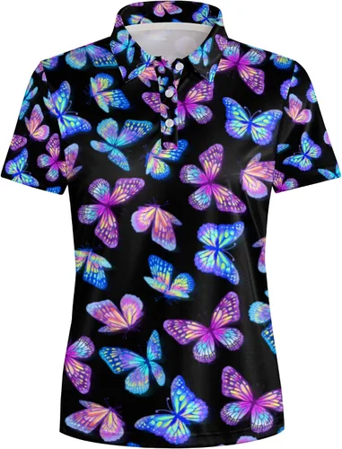 Vista 2 de QINGXUN Polo de manga corta con estampado gráfico para mujer, polo de golf que absorbe la humedad