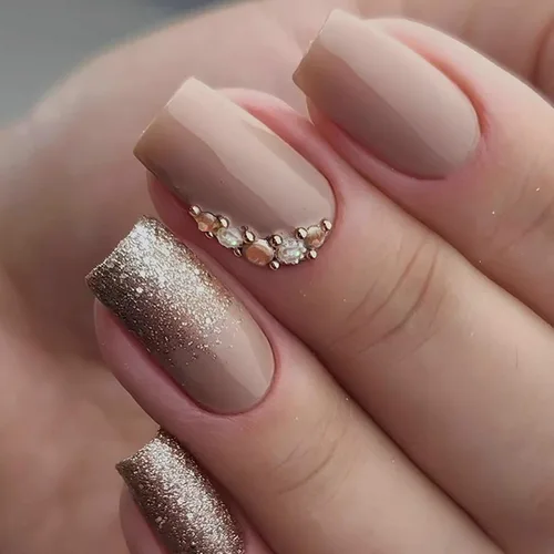 Vista 8 de Uñas postizas cuadradas cortas a presión, uñas postizas de color rosa, de cobertura completa, uñas postizas con purpurina plateada con diseños de S26