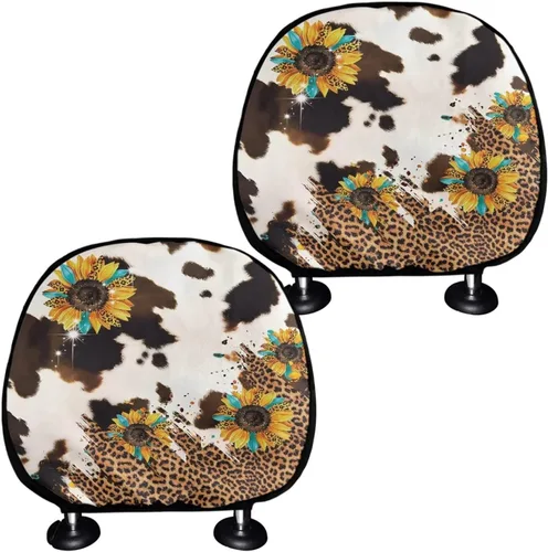 Vista 23 de Funda universal para reposacabezas de auto con estampado de vaca azteca, girasol, 2 piezas, funda universal para reposacabezas de asiento
