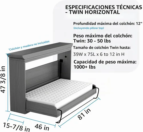 Vista 2 de Create-A-Bed Kit de Cama Murphy Deluxe Tamaño Twin, Horizontal