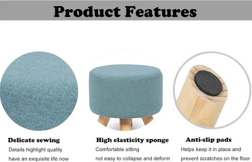 Vista 4 de Homebeez Taburete otomano redondo con reposapiés, reposapiés de tela pequeño con patas de madera antideslizantes, color azul