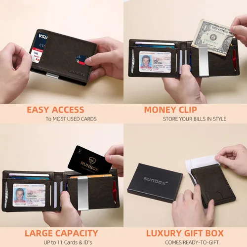 Vista 133 de RUNBOX - Carteras delgadas para hombre, cartera de piel con pinza para el dinero, cartera de bolsillo frontal con bloqueo RFID, tarjetero