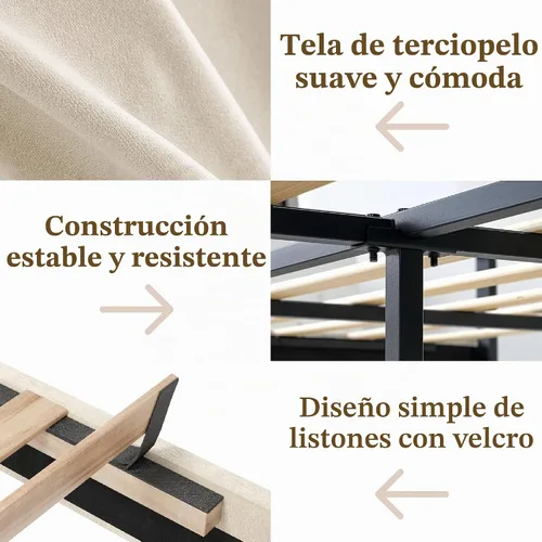 Vista 5 de CXVX Marco de cama de tamaño matrimonial con estructura de plataforma y cabecera tapizada, diseño con botones, listones de madera resistentes,