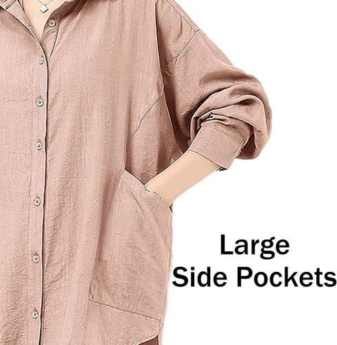 Vista 5 de Pantete Camisas con botones para mujer con bolsillos laterales grandes blusas de algodón liso de manga larga