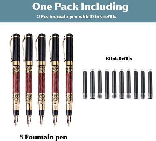 Vista 6 de Ancolo Plumas estilográficas personalizadas, punta mediana, juego de 5 unidades con caja de regalo para bolígrafo, bonito regalo de recuerdo, Plumas