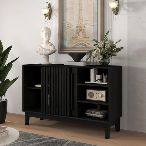 Vista 12 de Mesa consola estrecha de 39 pulgadas con puertas huecas, aparador moderno de mediados de siglo con 2 orificios de salida, gabinete de almacenamiento