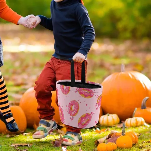 Vista 7 de Bolsas de asas con estampado de rosquillas dulces para Halloween, bolsa de regalo, cesta de caramelos, cubo portátil reutilizable