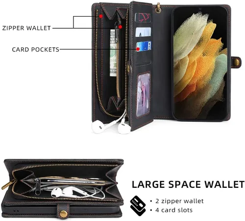 Vista 3 de Asuwish Funda de teléfono para Samsung Galaxy S21 Ultra 5G con cremallera, funda desmontable con protector de pantalla de vidrio templado