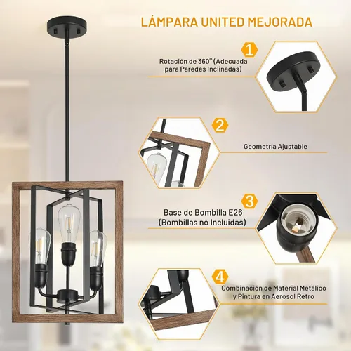 Vista 4 de Lámpara de araña de 3 luces para entrada, color negro y madera