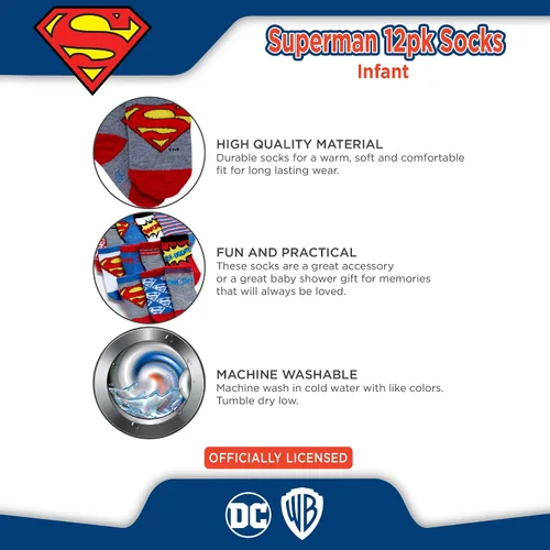 Vista 4 de DC Comics Calcetines para bebés niños y niñas, paquete de 12 calcetines de Batman, Wonder Woman, Superman, Liga de la Justicia, Super Girl (0-24M)