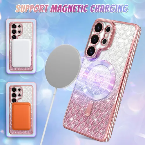 Vista 479 de Bonoma - Funda compatible con Samsung Galaxy S21 Plus, diseño de corazón con purpurina, color rosa Support for MagSafe, Plating Magnetic Case TPU