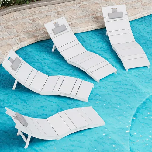 Vista 13 de Juego de 4 sillas de piscina para exteriores, resistentes a la intemperie, sillas de bronceado plegables con reposacabezas, soporta hasta 400 Azul