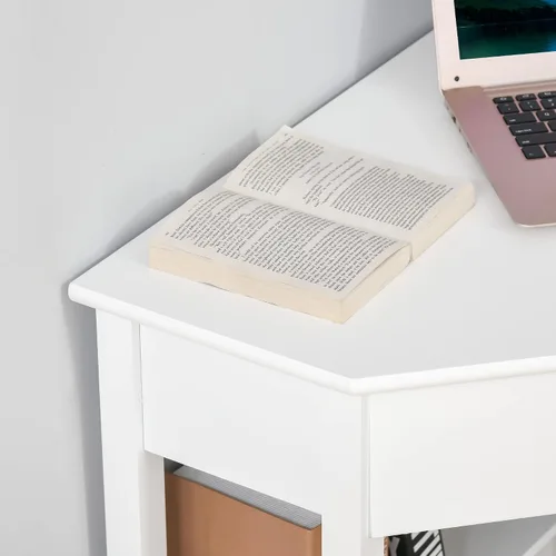 Vista 9 de HOMCOM Escritorio esquinero, escritorio triangular para computadora con cajón y estantes de almacenamiento para espacios pequeños, estación