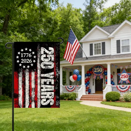 Vista 2 de Banderas de jardín con el 250 aniversario de Estados Unidos para exteriores, bandera de Estados Unidos del 250 aniversario con rayas de estrellas