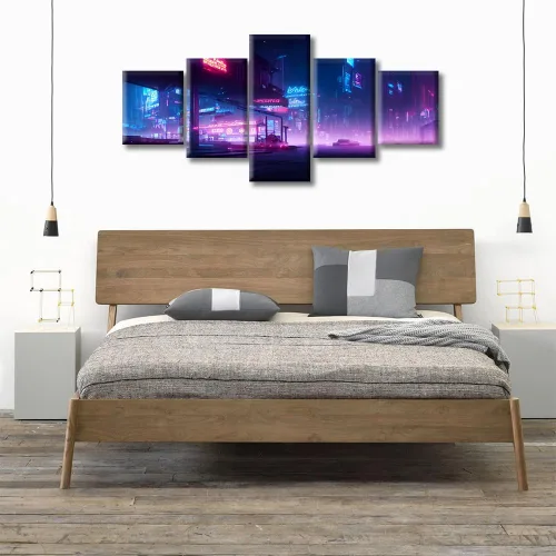 Vista 323 de Cuadros de 5 paneles de Cyberpunk City, arte de pared, representación de vallas publicitarias, edificios modernos en la capital con obras de arte
