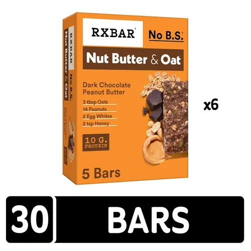 Vista 5 de RXBAR - Barras de mantequilla de nuez y avena con proteína, snacks de proteínas, mantequilla de maní y chocolate oscuro (6 cajas, 30 barras)
