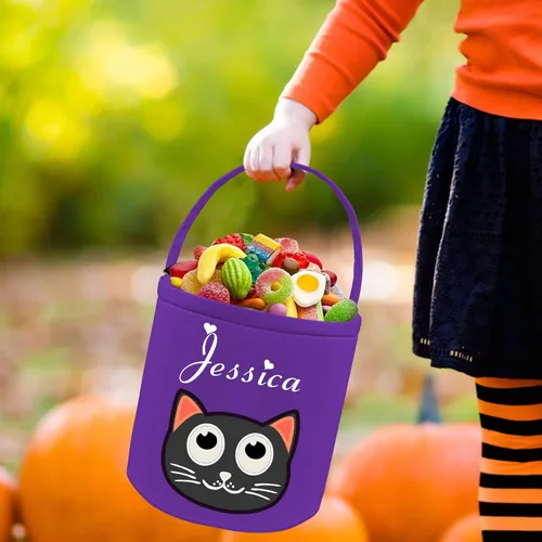 Vista 5 de Cubo personalizado de Halloween con nombre, cesta de dulce o truco de Halloween, regalo personalizado para niños y niñas, color negro