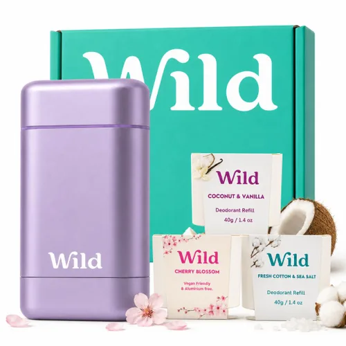 Vista 11 de Wild - Kit de inicio recargable de desodorante con estuche de agua y recarga perfumada de pomelo rosa y lima 1.4oz - Sin aluminio - Protección