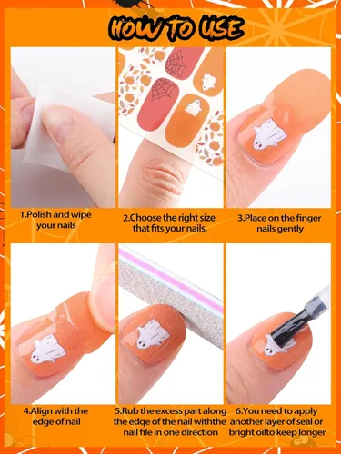 Vista 7 de EBANKU 14 calcomanías adhesivas de esmalte de uñas de Halloween, lindos murciélagos fantasmas, telarañas, tiras de uñas de esqueleto, con lima