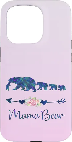 Vista 14 de Funda para iPhone 16, diseño floral de mamá oso de cuatro cachorros, color verde azulado y morado