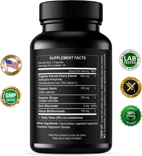 Vista 2 de Vitamina C natural de cereza de acerola orgánica, alta absorción, con bioflavonoides de ajo, jengibre y cítricos, refuerzo del sistema inmunológico