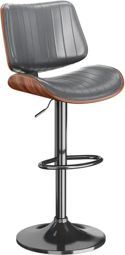 Vista 23 de Juego de 1 taburetes de bar giratorios de madera curvada ajustables para encimera de cocina, moderna silla de bar tapizada de piel sintética