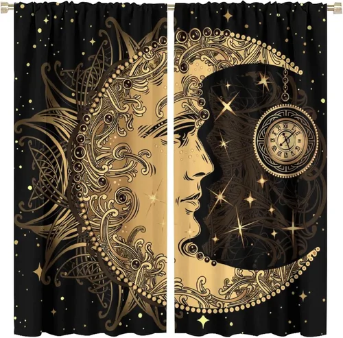 Vista 90 de Cortinas opacas con diseño de sol y luna, cuerpos celestes bohemios, con diseño de sol, luna y estrellas, para sala de estar, dormitorio, 42 x 45