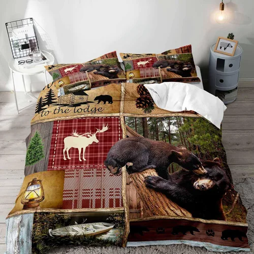 Vista 8 de LUVIVIHOME 2 piezas de funda de edredón con diseño de osos, alces y ciervos en negro, juego de cama individual, ropa de cama rústica de estilo La