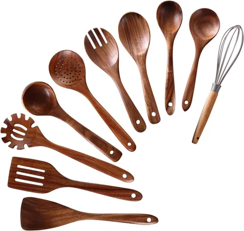 Vista 9 de Juego de utensilios de cocina de madera, 7 cucharas y espátulas de madera de teca natural para sartén antiadherente