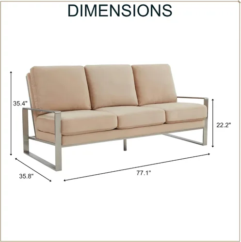 Vista 2 de LeisureMod Jefferson - Sofá moderno de terciopelo de 3 plazas con marco plateado, contemporáneo, para sala de estar, color beige
