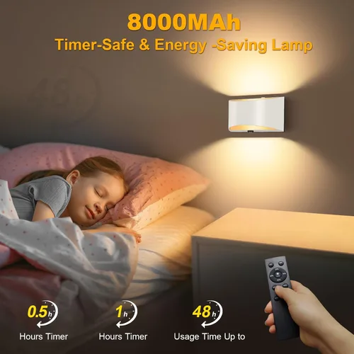 Vista 4 de Juego de 2 apliques de pared que funcionan con batería, luces de pared inalámbricas recargables blancas con control remoto inalámbrico y control
