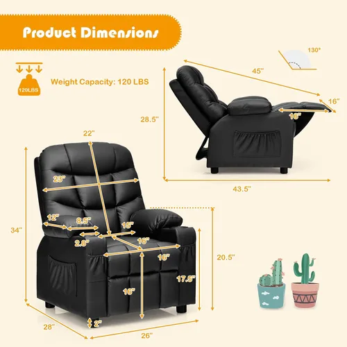 Vista 3 de Costzon Silla reclinable para niños con soporte para tazas, silla de salón de cuero ajustable con reposapiés y bolsillos laterales para habitación
